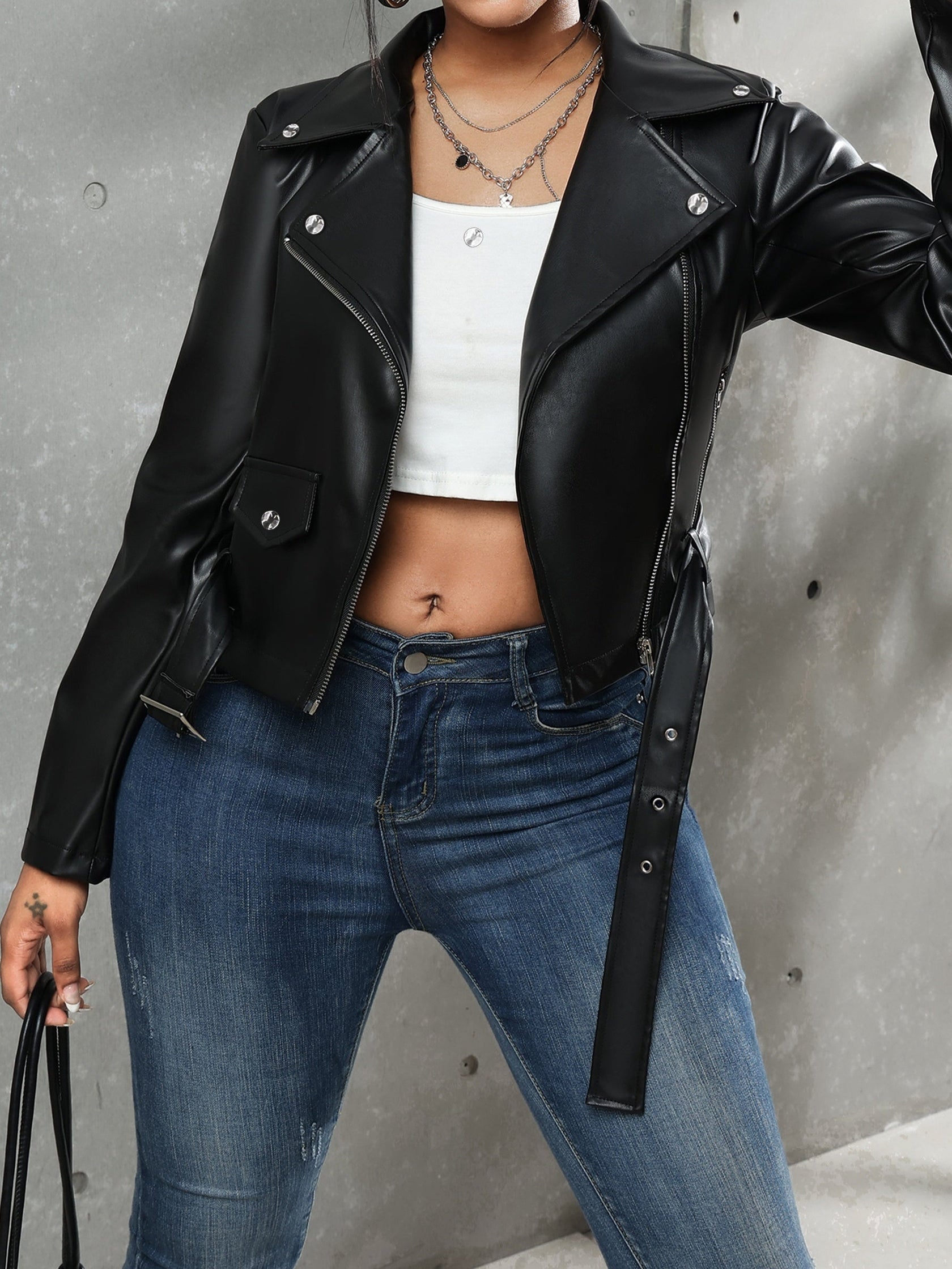 Black Belted Moto Jacket for Women