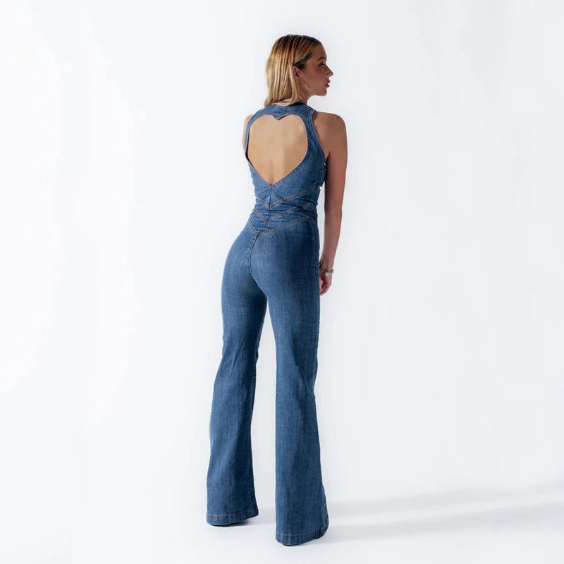 Denim Jumpsuit with Lace-Up Back