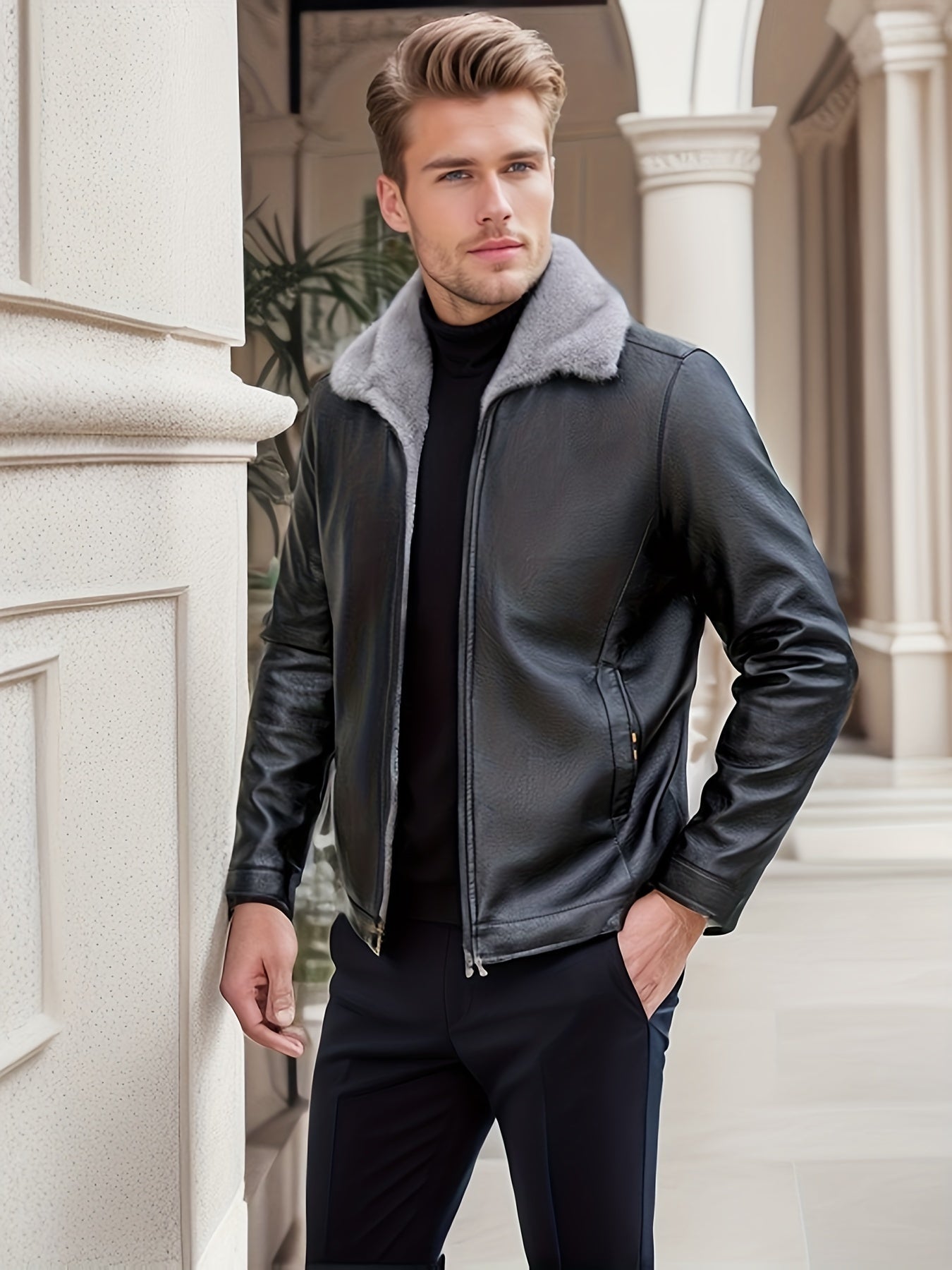 Men’s Leather Jacket with Fur Collar